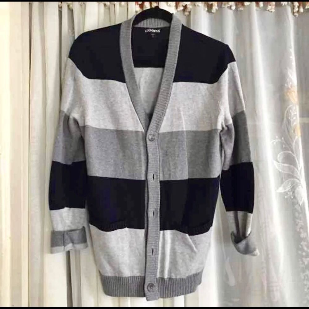 S gray blue striped cardigan